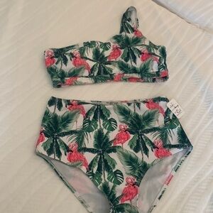 Vera I Playa New 2-pc bikini flamingo/ palm trees one shoulder High waist bottom